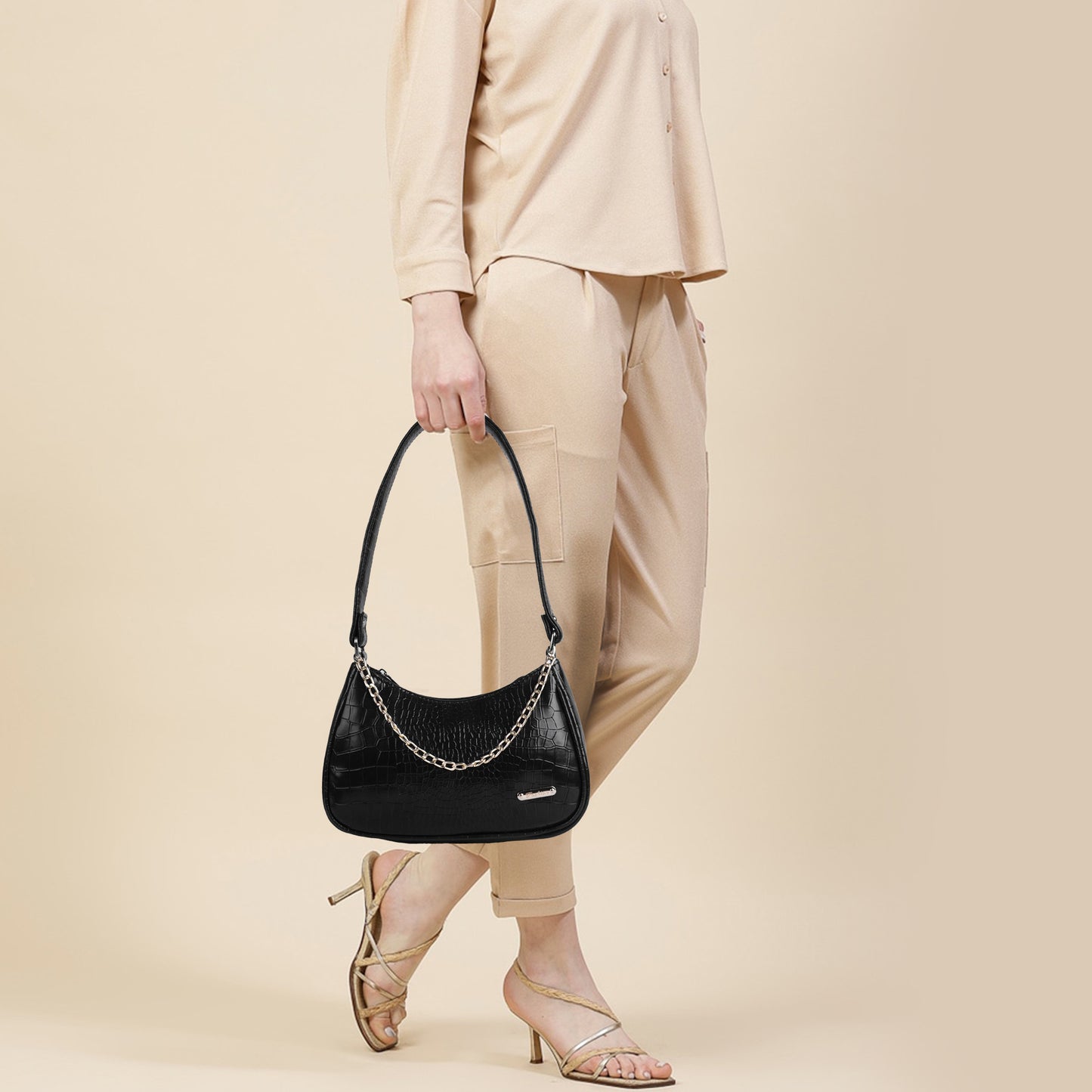 Stylish Black Leather Sling Bag for Women Round Sling Bag for Women Croco Design Side Handbag