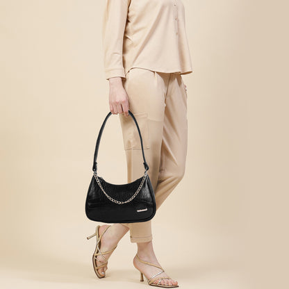 Stylish Black Leather Sling Bag for Women Round Sling Bag for Women Croco Design Side Handbag