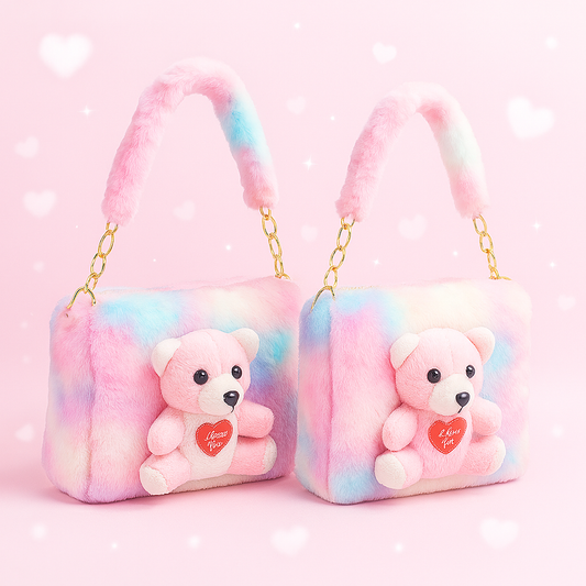 Cute Sling Bag Combo for Kids Teddy Slingbag Mini Handbag Combo Fur Toy Bag Teddy Bear Toy Bag