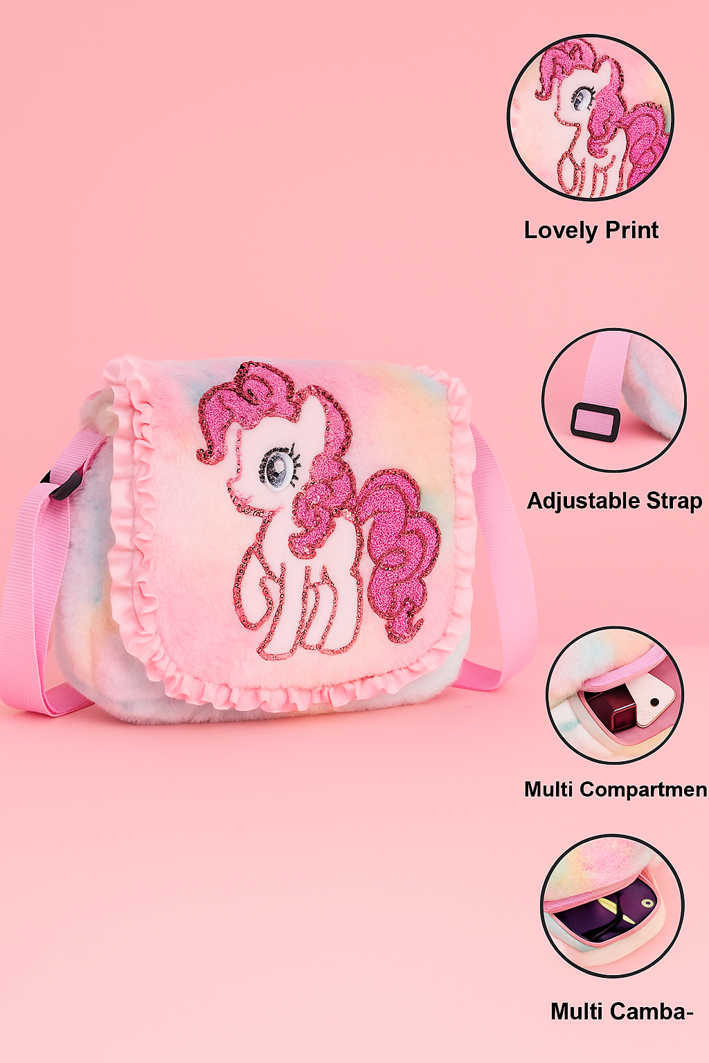 Pink Girls Sling Bag Stylish Unicorn Bag Small Bag for Kids Cute Bag for Girls Fur Toy Slingbag