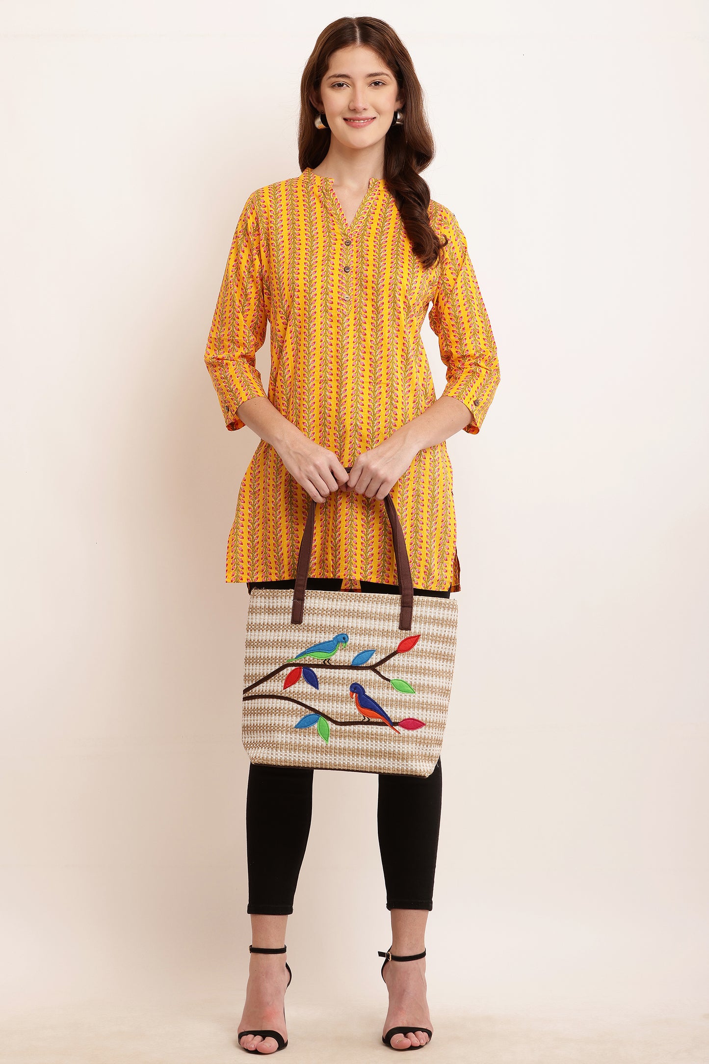 Stylish Hand Bag for Women Big Size Jute Hand Bag for Ladies College Tote Bag with Beautiful Birds Design