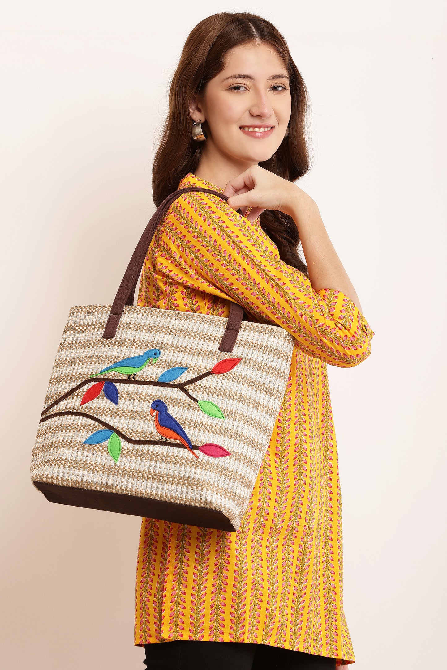 Stylish Hand Bag for Women Big Size Jute Hand Bag for Ladies College Tote Bag with Beautiful Birds Design