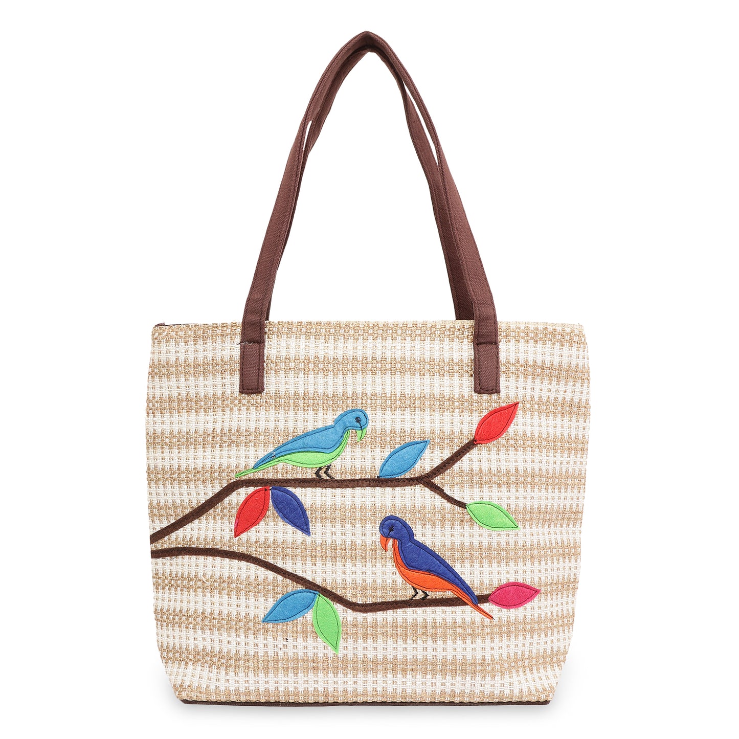 Stylish Hand Bag for Women Big Size Jute Hand Bag for Ladies College Tote Bag with Beautiful Birds Design