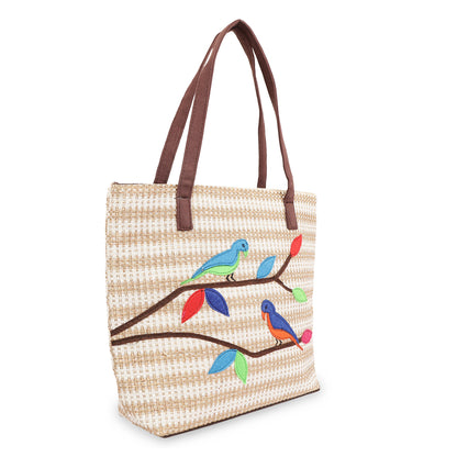 Stylish Hand Bag for Women Big Size Jute Hand Bag for Ladies College Tote Bag with Beautiful Birds Design
