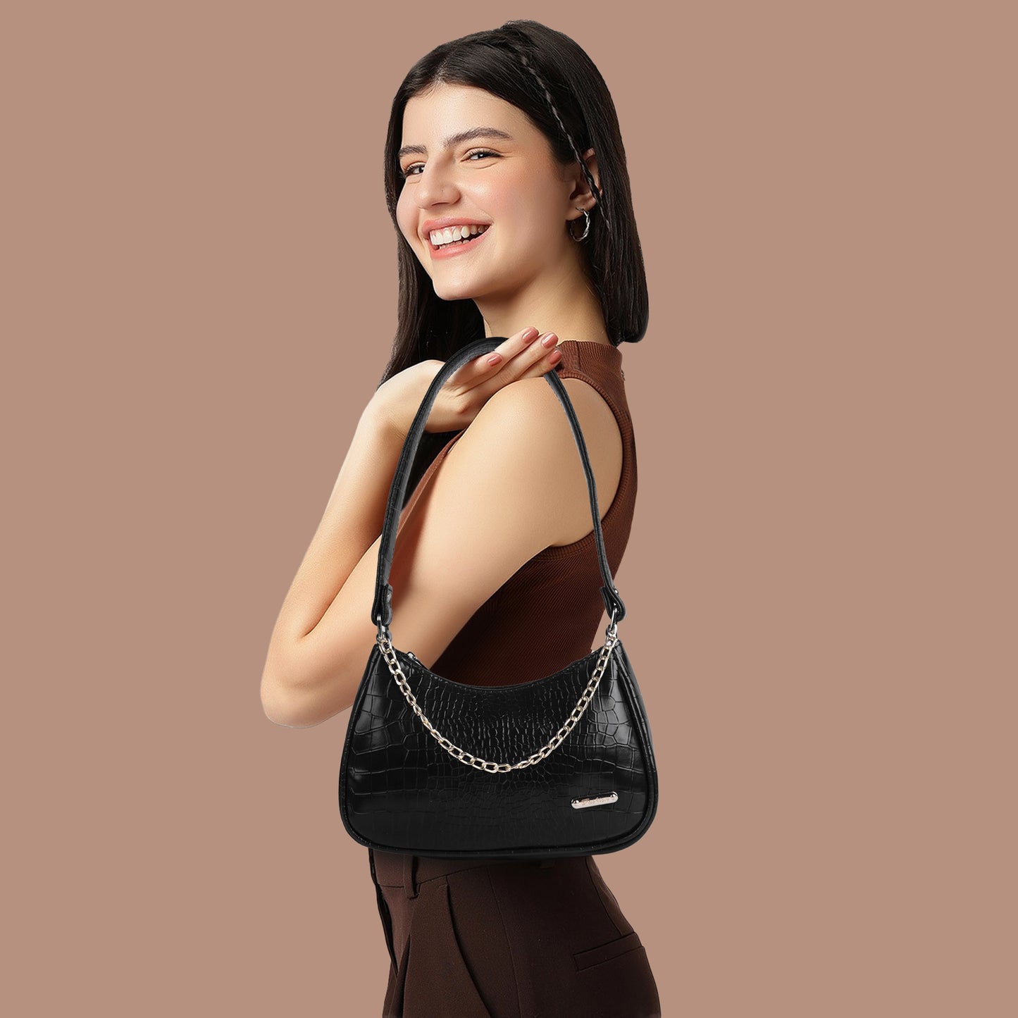 Stylish Black Leather Sling Bag for Women Round Sling Bag for Women Croco Design Side Handbag