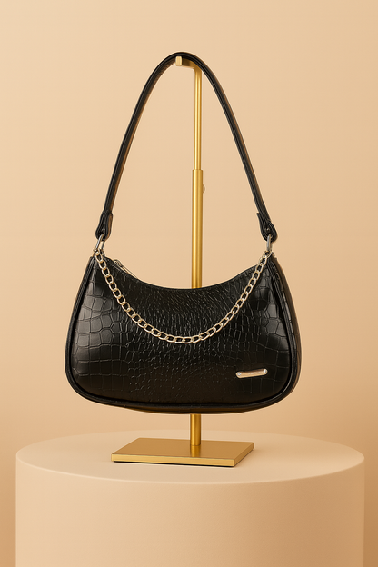 Stylish Black Leather Sling Bag for Women Round Sling Bag for Women Croco Design Side Handbag