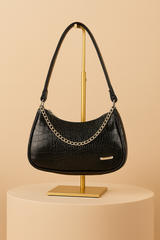 Stylish Black Leather Sling Bag for Women Round Sling Bag for Women Croco Design Side Handbag