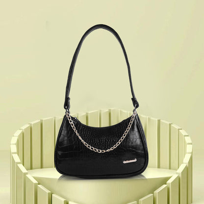 Stylish Black Leather Sling Bag for Women Round Sling Bag for Women Croco Design Side Handbag