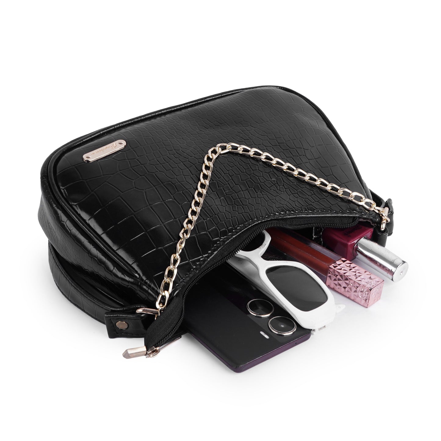 Stylish Black Leather Sling Bag for Women Round Sling Bag for Women Croco Design Side Handbag