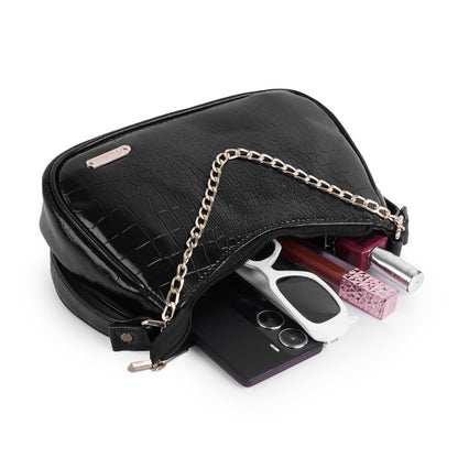 Stylish Black Leather Sling Bag for Women Round Sling Bag for Women Croco Design Side Handbag