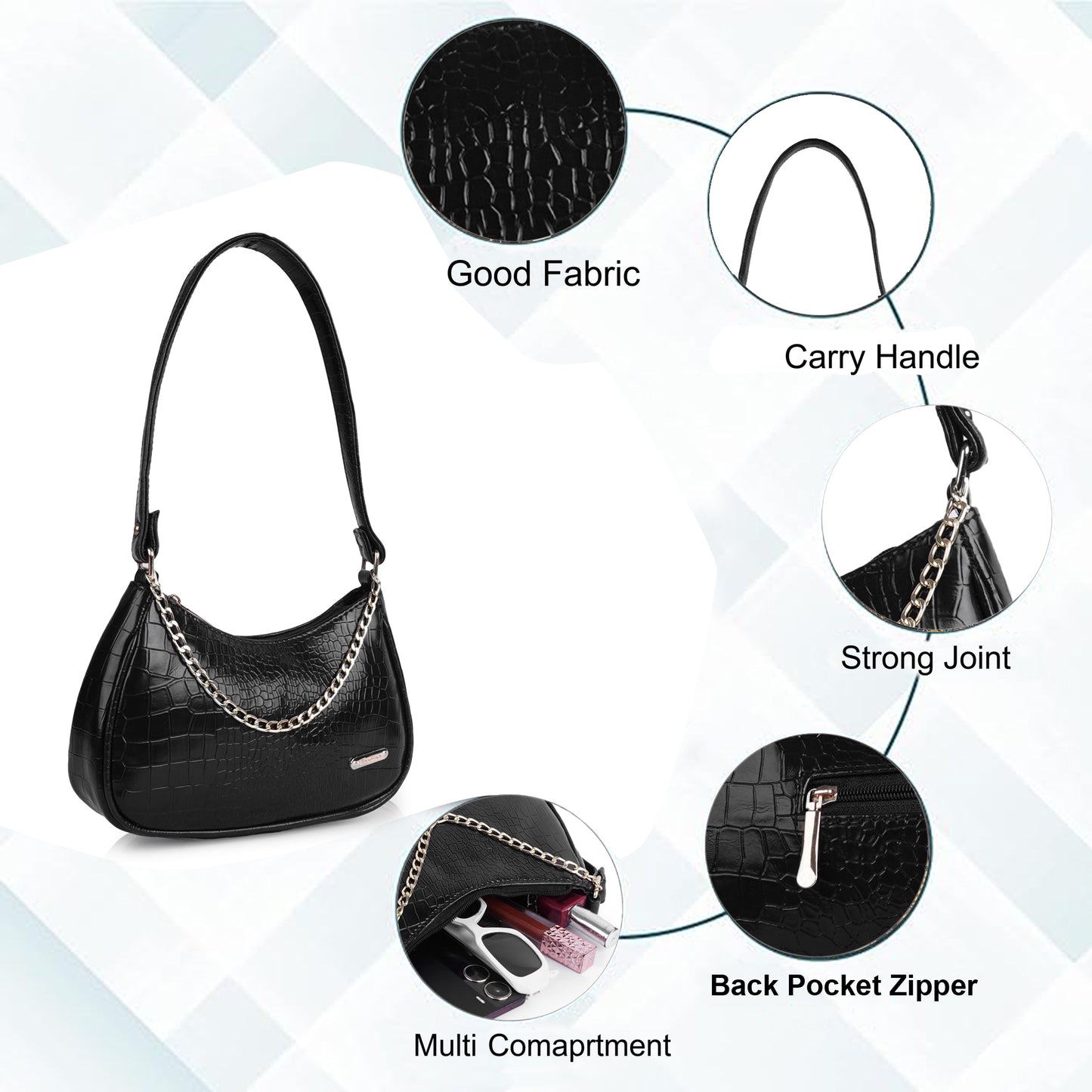 Stylish Black Leather Sling Bag for Women Round Sling Bag for Women Croco Design Side Handbag