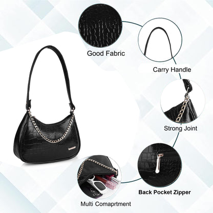 Stylish Black Leather Sling Bag for Women Round Sling Bag for Women Croco Design Side Handbag