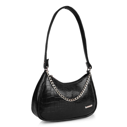 Stylish Black Leather Sling Bag for Women Round Sling Bag for Women Croco Design Side Handbag